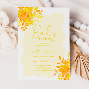 Invitation Baby shower floral boho à cadre ondulé jaune chaud