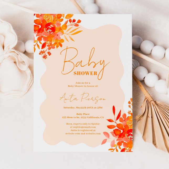 Invitation Baby shower floral boho à cadre ondulé orange chau (Hot orange wavy frame boho floral baby shower invitation)