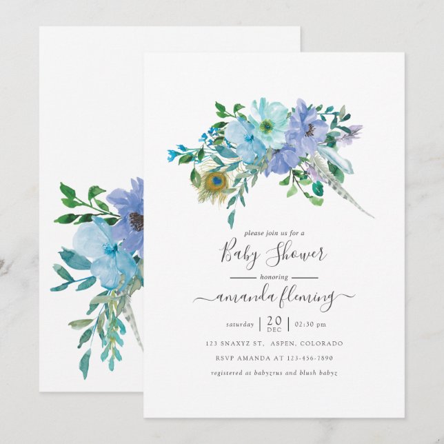 Invitation Baby shower floral Boho à la menthe et à l'aquarel (Devant / Derrière)