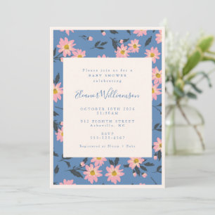 Invitation Baby shower Floral Boho bleu rose