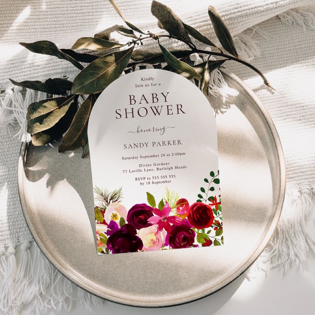 Invitation Baby shower Floral Boho Boho, vin rouge de Bourgog (Créateur téléchargé)