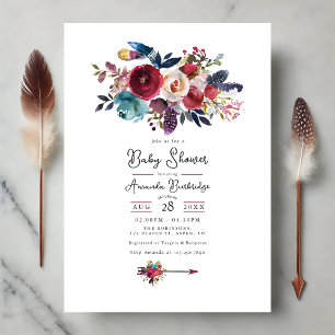 Invitation Baby shower Floral Boho de Bourgogne Rustique