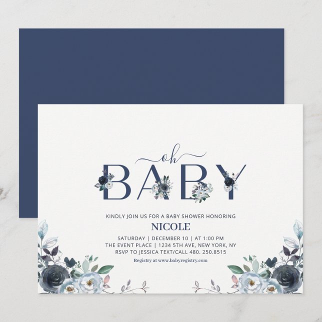 Invitation Baby shower Floral Boho de la Marine (Devant / Derrière)