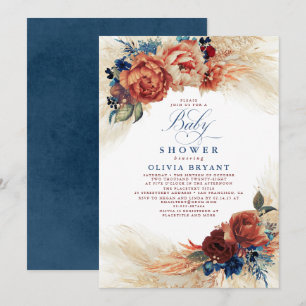 Invitation Baby shower Floral Boho en bleu marine et en terre