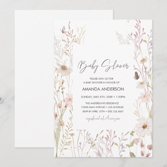 Invitation Baby Shower Floral Boho Fleurs Sauvages Shower (Devant / Derrière)