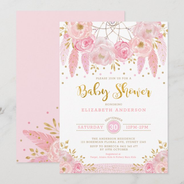 Invitation Baby shower floral Boho Pink and Gold Dreamcatcher (Devant / Derrière)