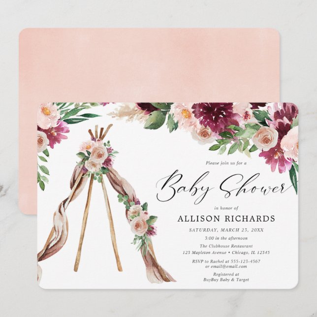 Invitation baby shower floral Boho rose bordeaux (Devant / Derrière)