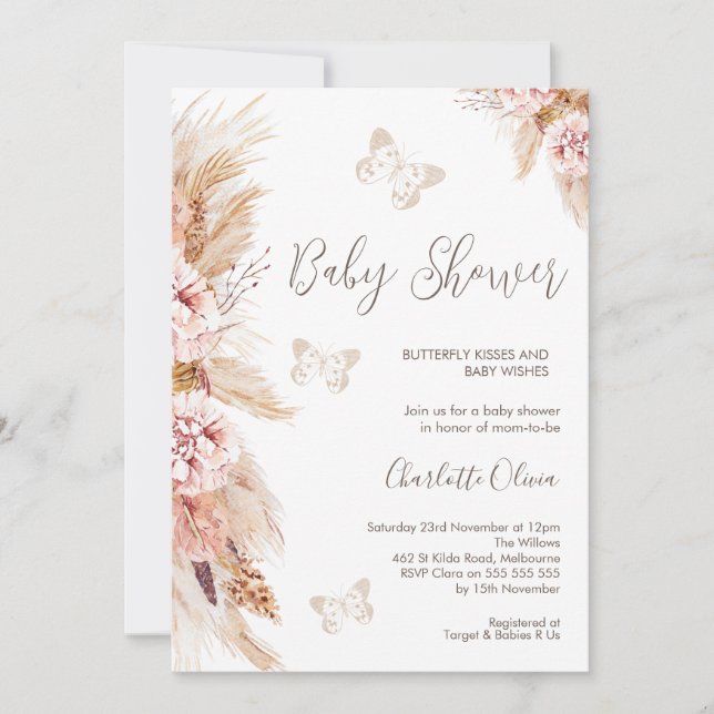 Invitation Baby shower Floral Boho Rose Et Papillons (Devant)