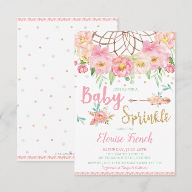 Invitation Baby shower Floral Boho Sprinkle Dream Catcher (Devant / Derrière)
