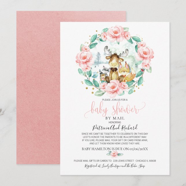 Invitation Baby shower Floral Boisé Migné Par Mail (Devant / Derrière)