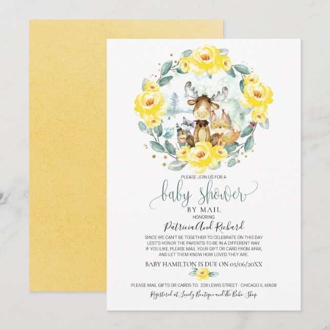 Invitation Baby shower Floral Boisé Migné Par Mail (Devant / Derrière)