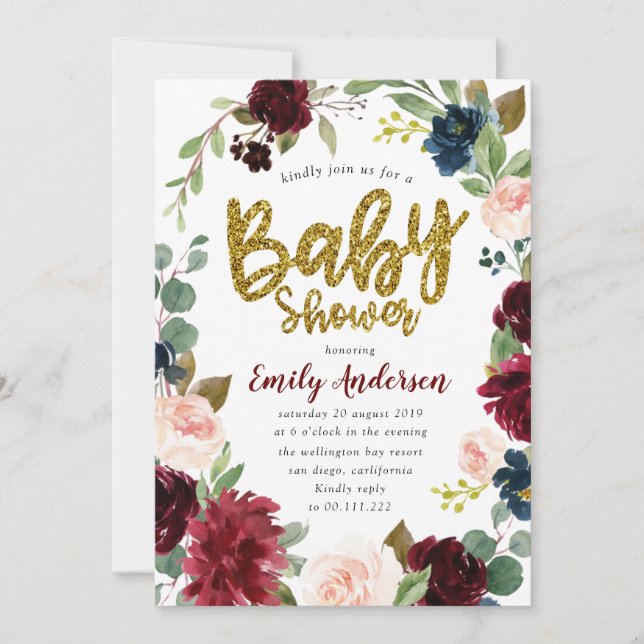 Invitation Baby shower floral bordeaux parties scintillant Fa (Devant)