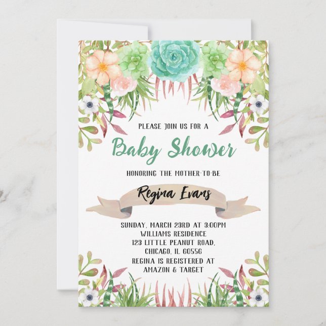 Invitation Baby shower Floral Cactus (Devant)