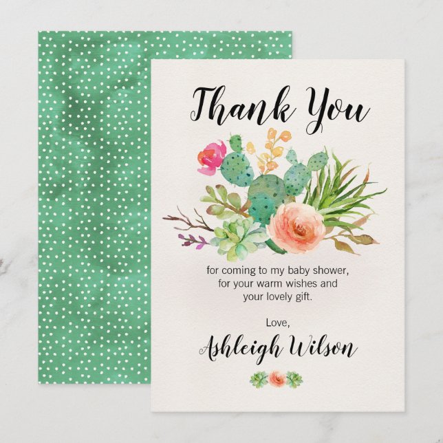 Invitation Baby shower Floral Cactus Than k You Card (Devant / Derrière)