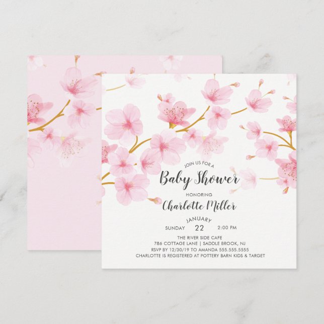 Invitation Baby shower floral cerise en fleurs (Devant / Derrière)