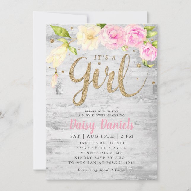Invitation Baby shower floral | C'est une fille (Devant)