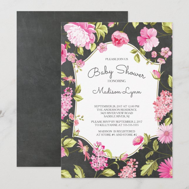 Invitation Baby shower Floral Chalkboard moderne (Devant / Derrière)