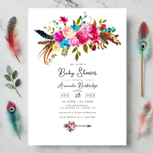 Invitation Baby shower Floral Chic Boho Rose Chaud (Hot-Pink Boho Chic Floral Baby Shower Invitation)