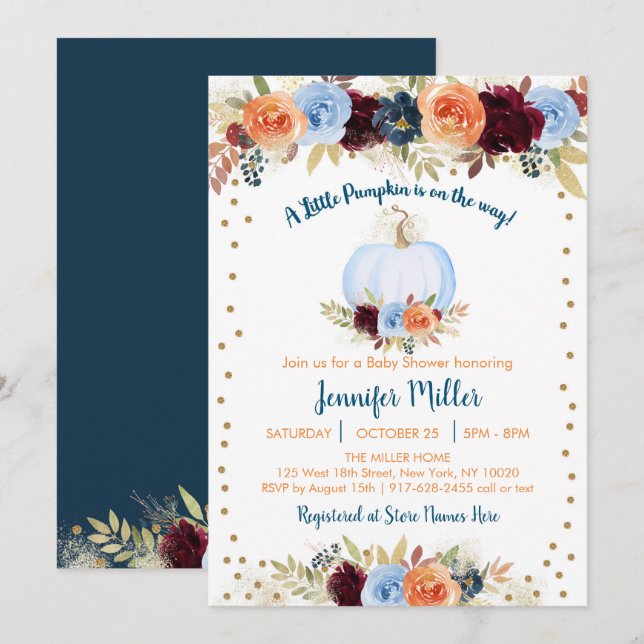 Invitation Baby shower Floral Citrouille de Bleu Fall (Devant / Derrière)