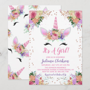 Invitation Baby shower floral clair Unicorn