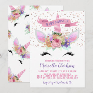 Invitation Baby shower floral clair Unicorn