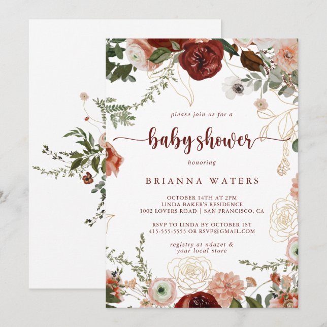 Invitation Baby shower Floral couleur or rustique (Devant / Derrière)