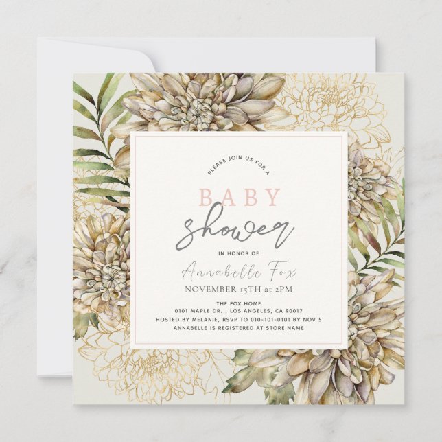 Invitation Baby shower Floral Dahlia Blanc & Or (Devant)
