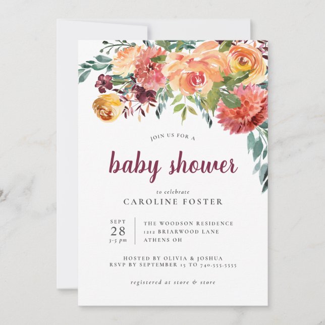 Invitation Baby shower floral d'automne (Devant)