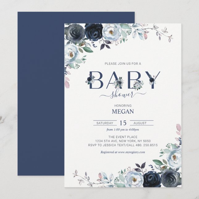 Invitation Baby shower Floral de Boho bleu marine (Devant / Derrière)