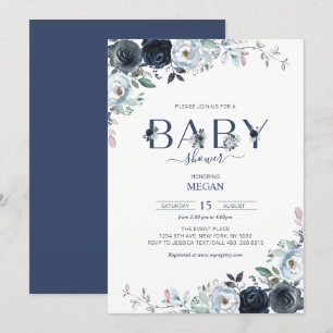 Invitation Baby shower Floral de Boho bleu marine