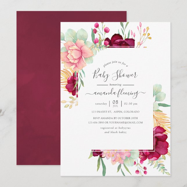 Invitation Baby shower floral de Bourgogne et de Blush (Devant / Derrière)