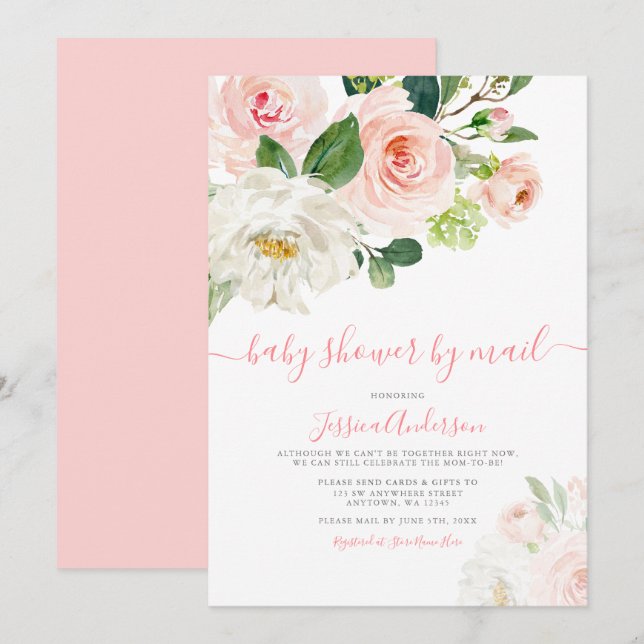 Invitation Baby shower Floral de couleur rose par courrier (Devant / Derrière)