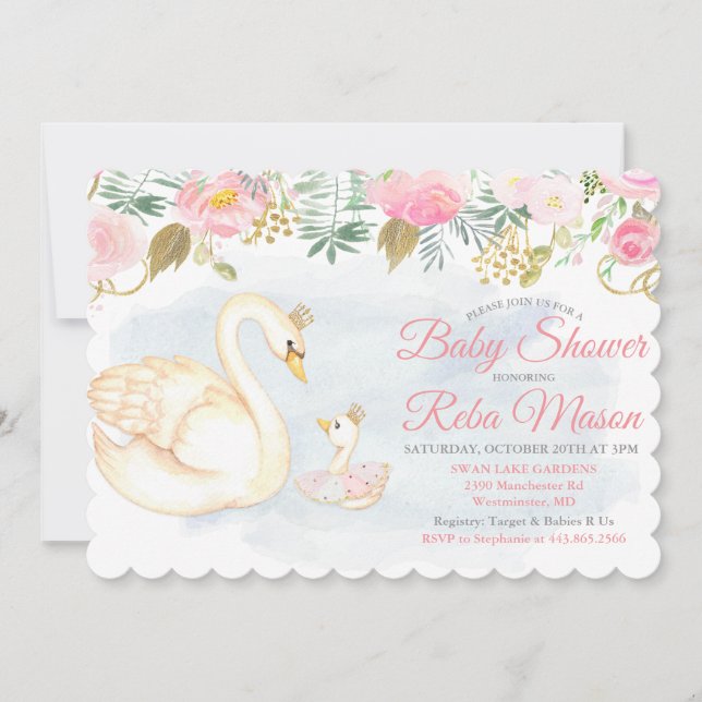 Invitation Baby shower floral de cygne (Devant)