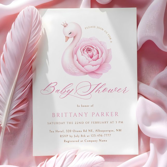 Invitation Baby shower floral de cygne rose délicat (Créateur téléchargé)