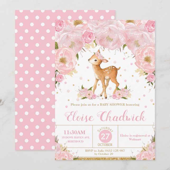 Invitation Baby shower floral de Deer Blush Girl (Devant / Derrière)