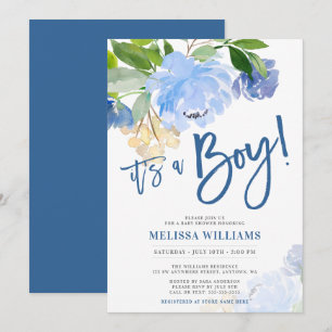 Invitation Baby shower floral de garçon d'aquarelle bleue