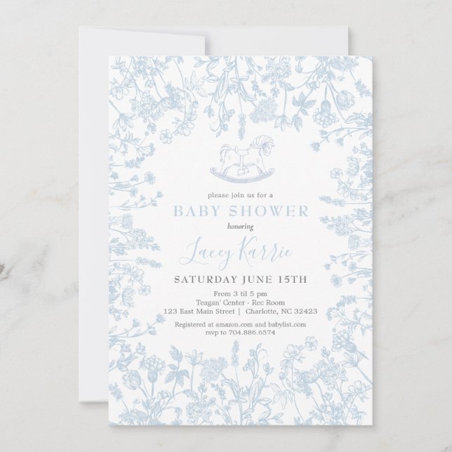 Invitation Baby shower floral de la Chinoiserie bleue Invitat (Devant)