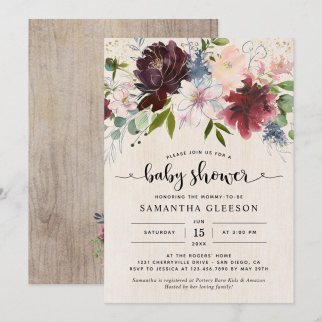 Invitation Baby shower floral de la marine de Bourgogne rusti (Devant / Derrière)