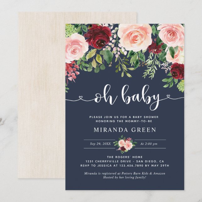 Invitation Baby shower floral de la marine et de la Bourgogne (Devant / Derrière)