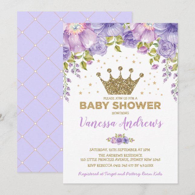 Invitation Baby shower floral de la princesse Lavender Gold C (Devant / Derrière)