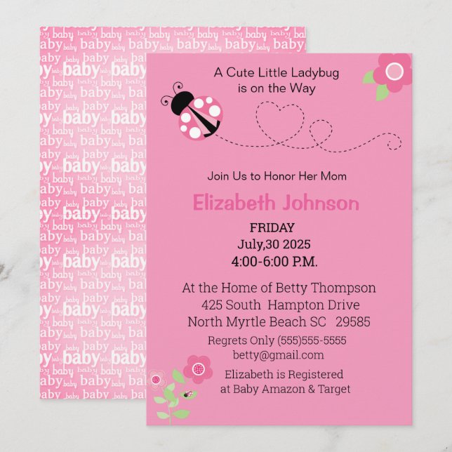 Invitation Baby shower Floral De Ladybug Rose (Devant / Derrière)