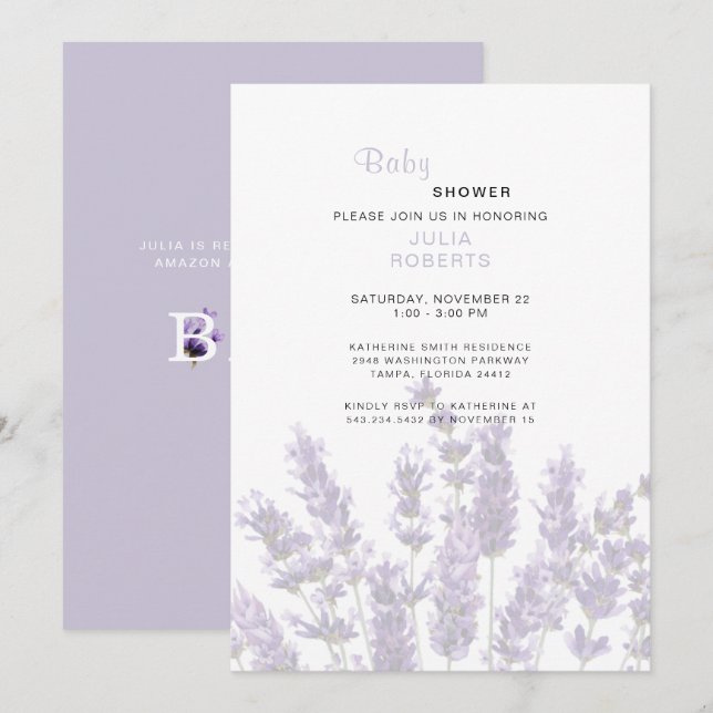 Invitation Baby shower floral de lavande aquarelle (Devant / Derrière)