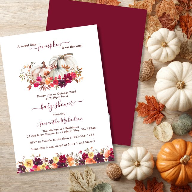 Invitation Baby shower floral de Little Citrouille Fall (Burgundy Little Pumpkin Fall Floral Baby Shower Invitation)