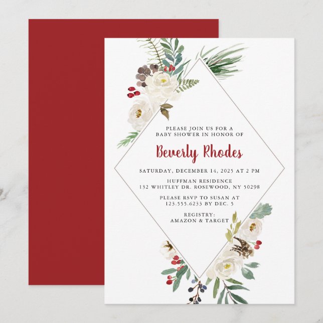 Invitation Baby shower floral de Noël (Devant / Derrière)