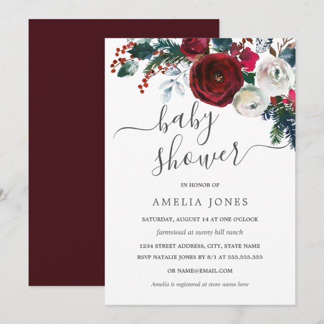 Invitation Baby shower floral de Noël (Devant / Derrière)