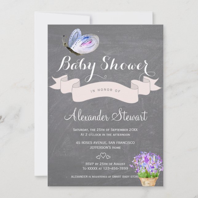 Invitation Baby shower floral de papillon bleu d'aquarelle (Devant)