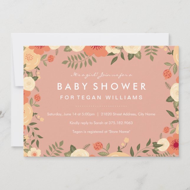Invitation Baby shower Floral de Pêche Moderne (Devant)