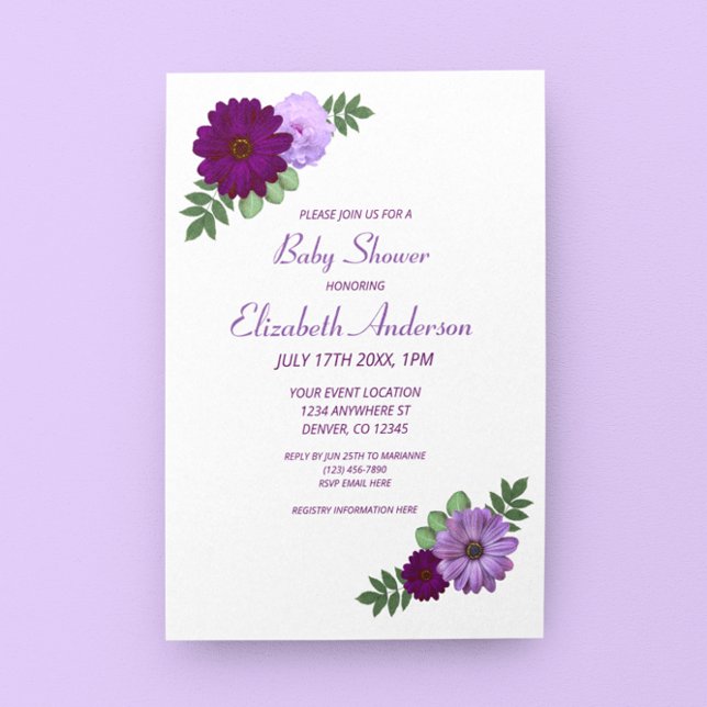 Invitation Baby shower floral de pivoine violette (Créateur téléchargé)