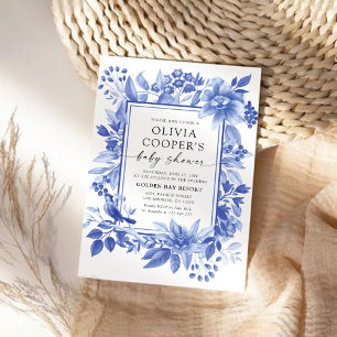 Invitation Baby shower Floral de porcelaine bleue