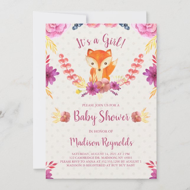 Invitation Baby shower Floral de printemps et Fox (Devant)